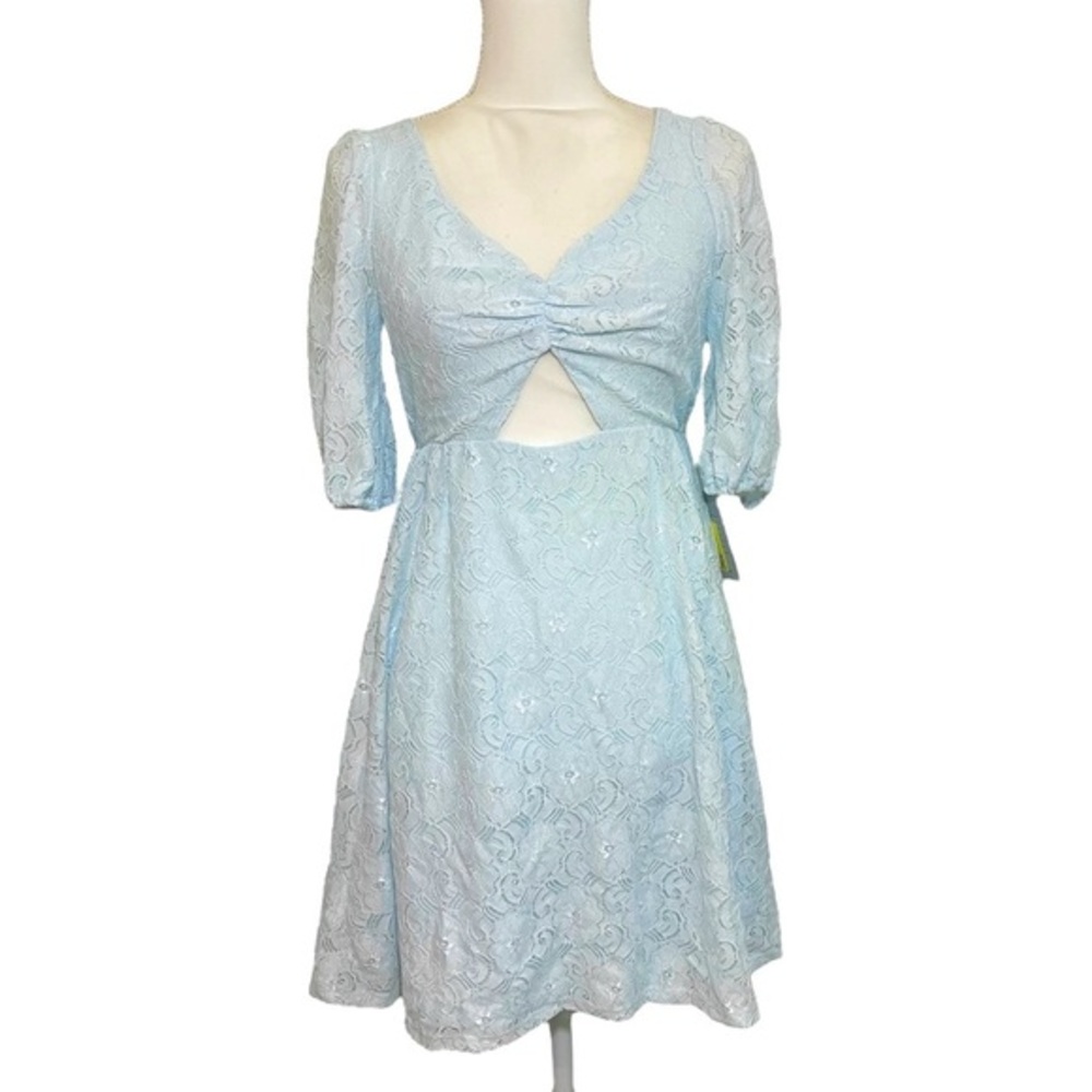 CLEARANCE NWT NSR Ice Powder Blue Lace Cutout Mini Dress Party Fit Flare New